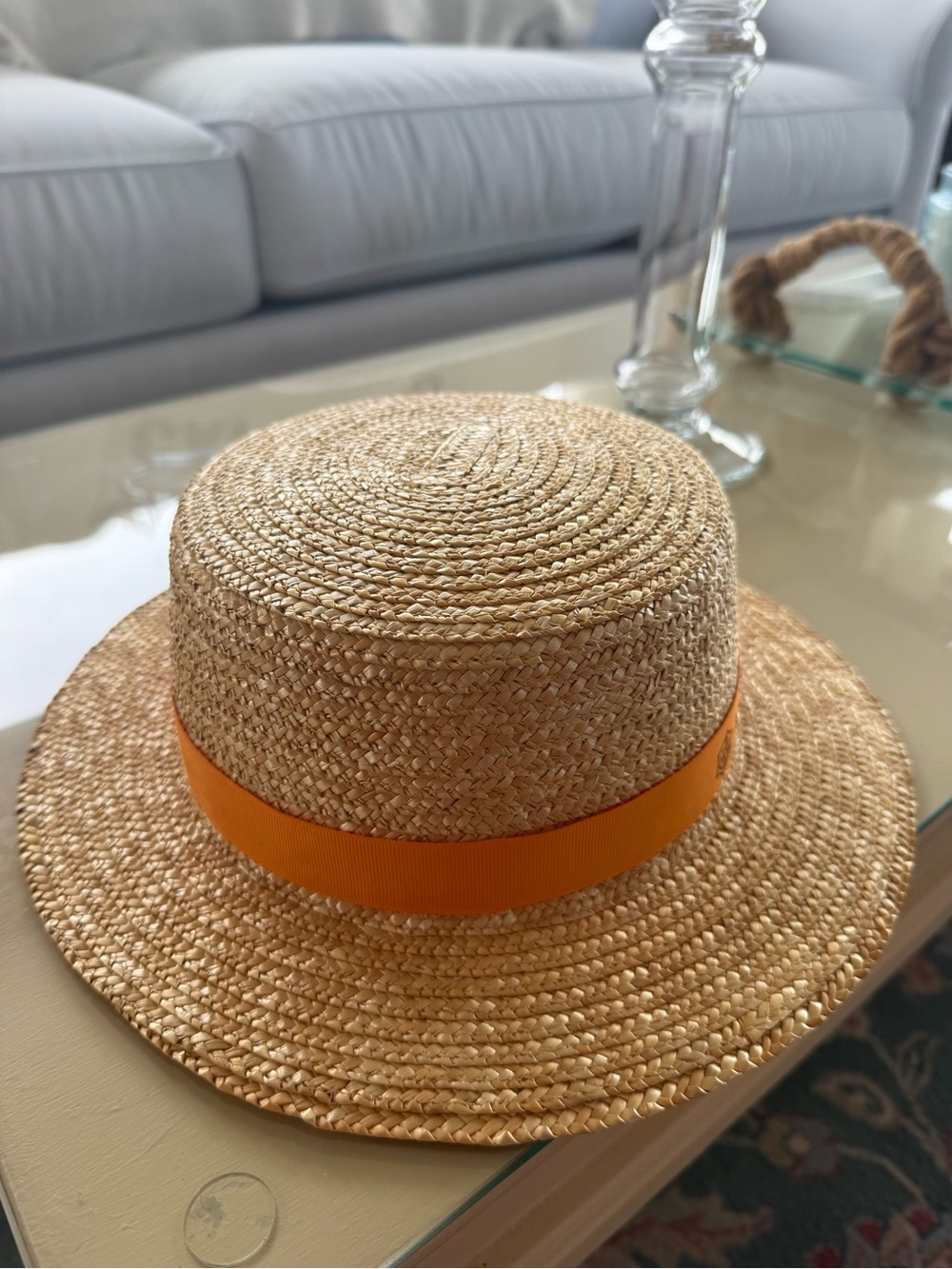 Natural Straw Boater Hat with Orange Ribbon - Women